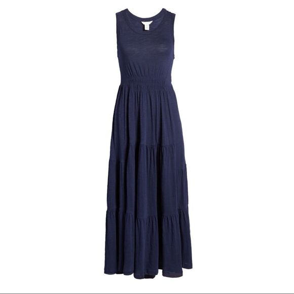 Nordstrom Caslon Tiered Smocked Waist Maxi Tank Dress In Dark Blue Petite XS - Picture 3 of 4